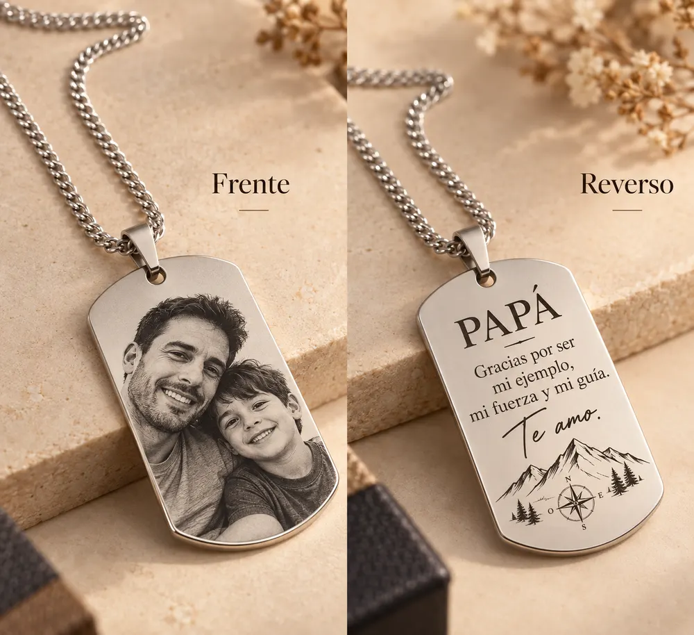 Placa grabada para papá, frente con foto y reverso con mensaje